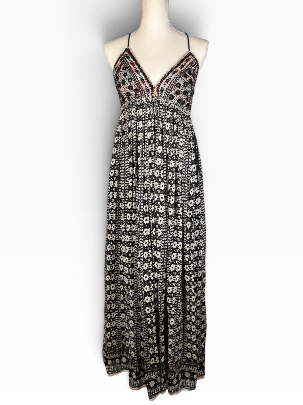 Free People Small Embroidered Open Back Boho Maxi Dress Black Floral